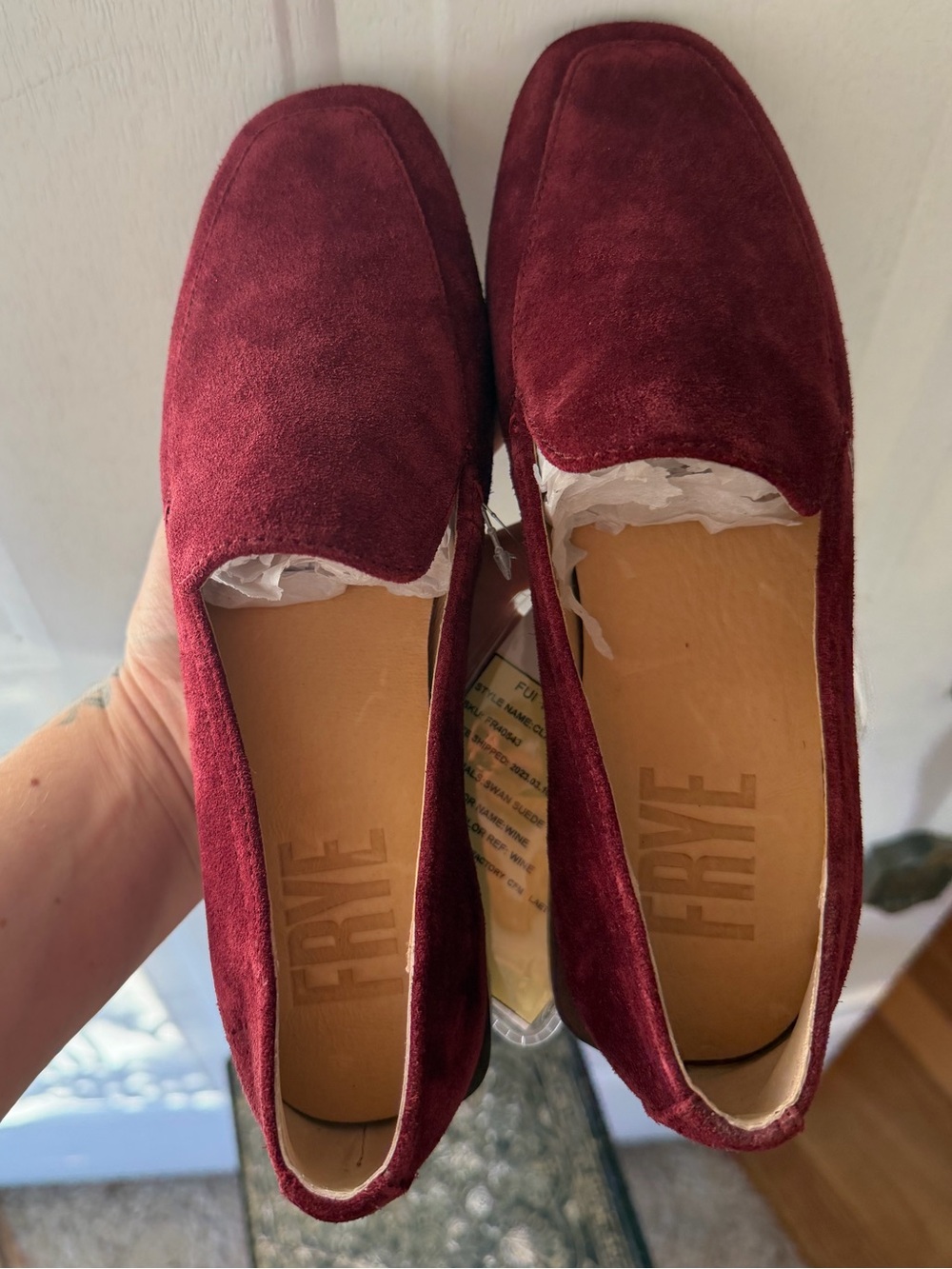 Frye Claire Venetian Wine Suede Loafers size 6 Burgundy Factory Sample NWT